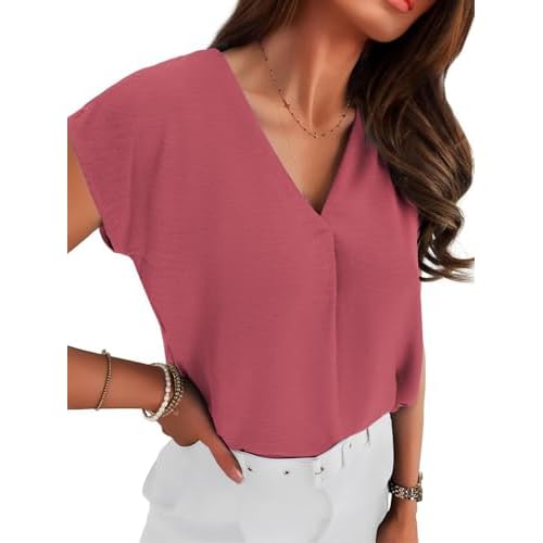 Totatuit Women V Neck Chiffon Blouses Cap Sleeve Loose Fit Shirts for Work Dressy Casual Buiness Solid Tops