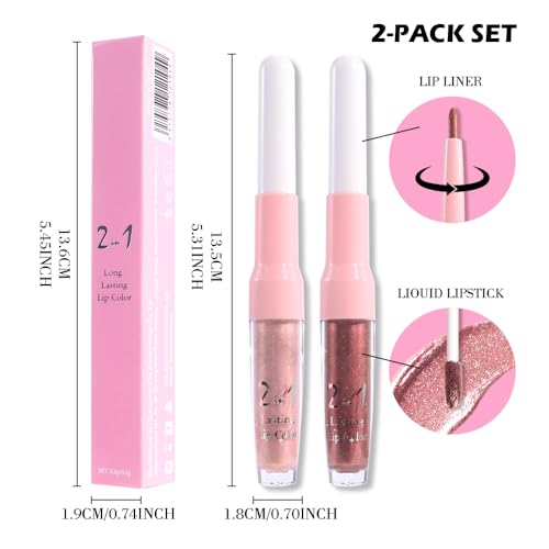 Image of evpct 2Pcs Beige Gold Mature Red Metallic Glitter Lip Liner and Lipstick Combo, Shimmery Lip Gloss Stain Set Makeup for Women LongLasting Waterproof, Metallic Shimmer Iridescent Glossy Liquid Lipstick
