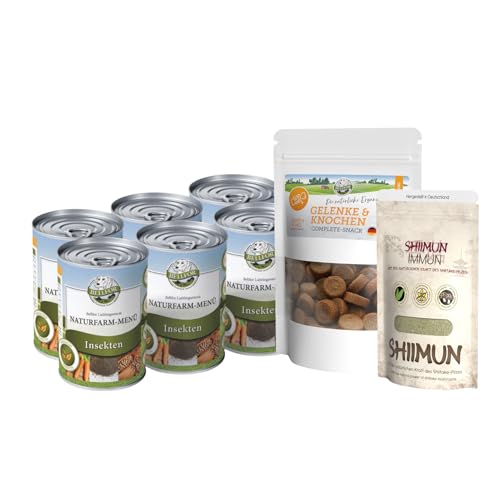 Bellfor Set Comida para Perros Senior: Comida húmeda con proteína de Insectos – Naturfarm-Menü + Shiimun Immun Pulver + Gelenke-&-Knochen Complete-Snack.
