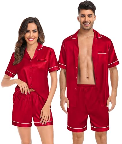 SWOMOG Couples Matching Pajamas Set Satin Short Sleeve Button Down Tops Silk Shorts Pj Lounge Set Soft Sleepwear Red