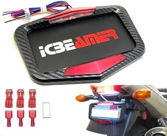 ICBEAMER Universal Fit Most Motorcycle License Plate Frame w/ 6+ Flashing LED Tail + Brake Light [Carbon Fiber Pattern]