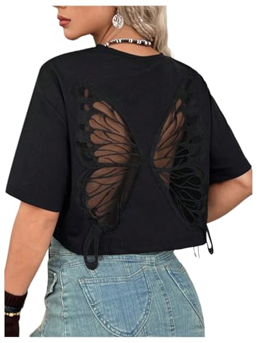 Verdusa Women's Butterfly Mesh Fairy T Shirts Drop Shoulder Goth Crop Tops3