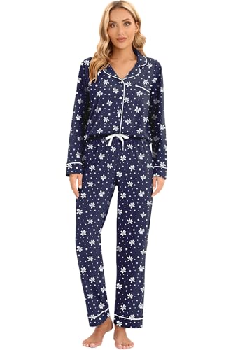 Image of LUBOT 100% Cotton Pajamas for Women Pajama Set 2 Piece PJ Sleepwear Set Soft Ladies Button Knit Long Sleeve Loungewear XS-XXL