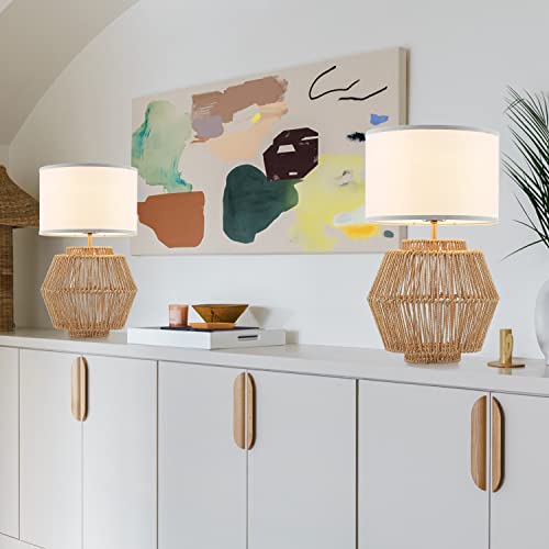 Viluxy Woven Rattan Table Lamp, Hand-Worked Cage Shade Natural Bedside Nightstand Lamp With Creamy White Fabric Drum Shade For Bedroom, Hallway, Entryway, Study Room， Corridor 2 Pack #TOP3