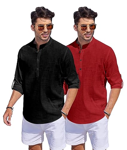 Image of Bellstone Men's Cotton Blend Straight Kurta Shirt Combo with Mandarin Collar - Slim Fit Casual Short Kurti Set Featuring Textured Slub Fabric and Roll-Up Full Sleeves