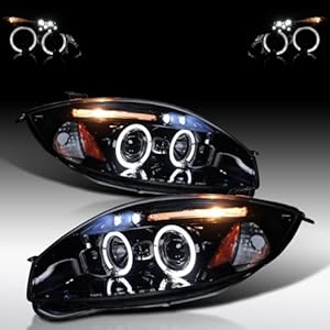 AUTOZENSATION Compatible with 2006-2012 Mitsubishi Eclipse, Left + Right Pair Headlamps Assembly, LED Eyelid Halo Glossy Black Housing Smoke Lens Projector Headlights