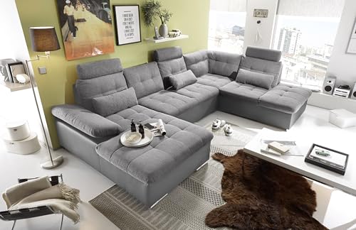 JAKARTA Wohnlandschaft in U-Form in Lederoptik, Dunkelgrau / Anthrazit - Ausziehbares Sofa mit Schlaffunktion & Bettkasten - 324 x 107 x 170 (218) cm (B/H/T)