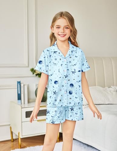 Image of Arshiner Girls Pajamas Sets Short Sleeve Kids Pjs Button Down Sleepwear