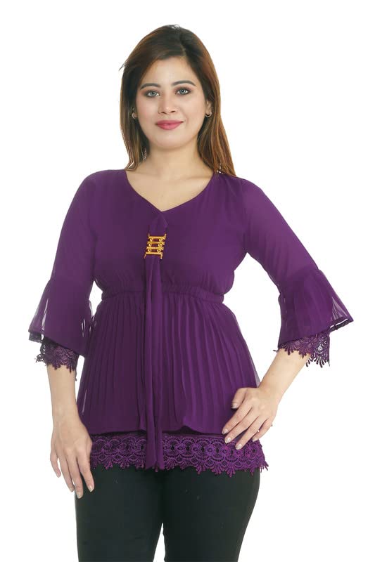 Women's Georgette Regular Fit Round Neck Solid Casual Wear Top (Purple) (S)