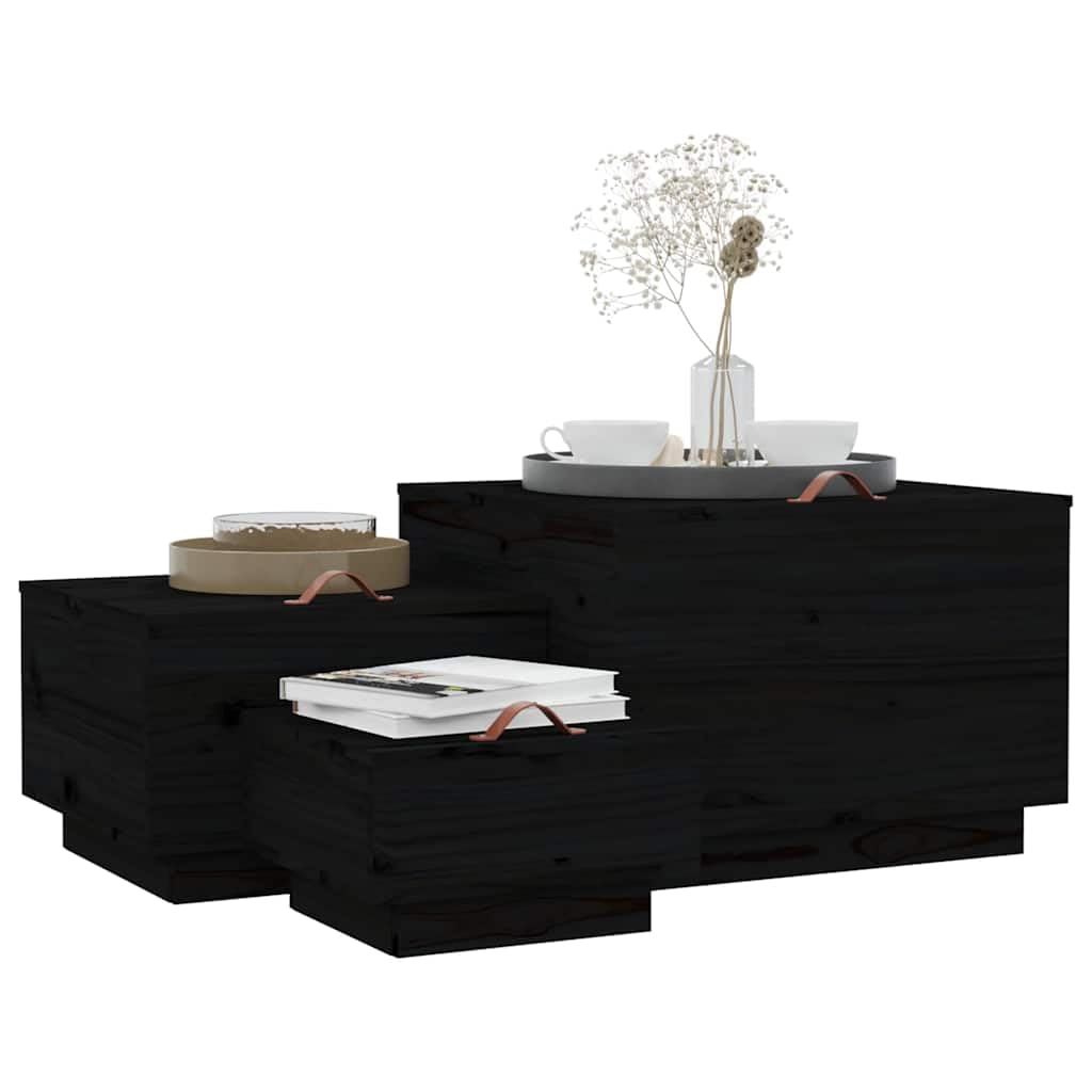 Juego de 3 cajas de almacenamiento con tapa, madera de pino, color negro