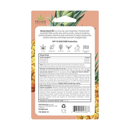Image of Hempz SPF 15 Lip Balm, Sweet Pineapple & Honey Melon Herbal Soothing Lip Care, for Men or Women .44 oz.