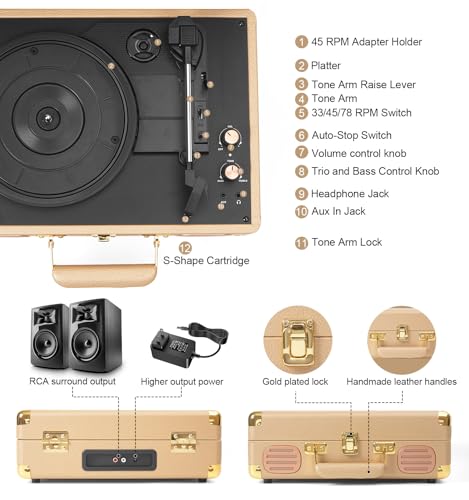Record Player 3 Speed Bluetooth Portable Suitcase, Vinyl Phonograph with Built-in Bass & Speakers, Belt-Driven LP Player Support AUX-in RCA Line Out Headphone Jack, Champagne Gold - Les Beatles, Paul McCartney, John Lennon, RIngo Starr, George Harrison Record Player 3 Speed Bluetooth Portable Suitcase, Vinyl Phonograph with Built-in Bass & Speakers, Belt-Driven LP Player Support AUX-in RCA Line Out Headphone Jack, Champagne Gold – Image 4