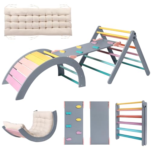 Image of Yopnoyik Pikler Triangle Set with Cushion Large, 5 in 1 Toddler Climbing Toys Indoor, Montessori Foldable Climbing Set for Kids, Wooden Playground Jungle Gym with Ramp, Arch and Ladder(Color-A)