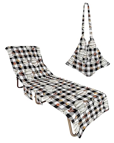 Fall Thanksgiving Beach Pool Patio Lounge Chaise Chair Cover Towel with Pockets,Absorbent&Quick Dry Towel Cover Bag Summer Travel Accessories for Sunbathing Harvest Pumpkins Autumn Leaves Plaid