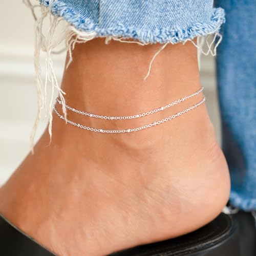 Image of Robaice Ankle Bracelets for Women, Glitter Waterproof Adjustable Anklet for Women, 14K Gold Plated /Sterling Silver Layered Anklets, Summer Beach Anklet Jewelry for Women Gift
