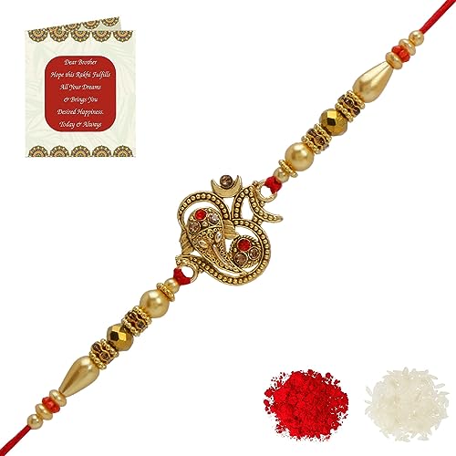 Image of Riddhika Ventures Glorious Gold Plated Religious Diamond Ring Rakhi || Traditional Rakhi Set of 2 & Festive Gift || Rakhi Gift Combo for Bhaiya Bhabhi