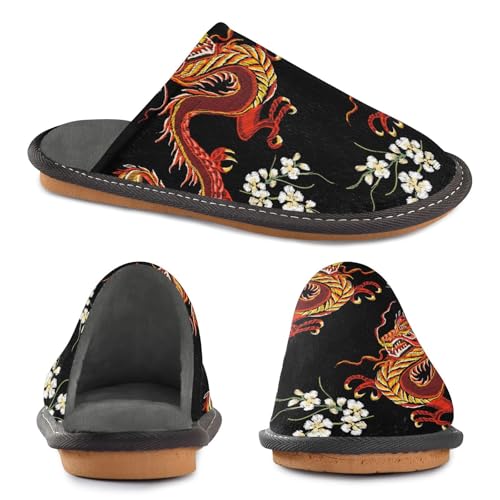 ALAZA Chinese Japanese Dragon Flower White Fuzzy Slippers for Women Men Warm Soft Lightweight Memory Foam House Slippers 9-104