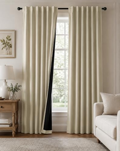 PONY DANCE 100% Blackout Curtains for Bedroom,Thermal Insulated Back Tab Window Drapes Room Darkening Beige Curtains for Living Room with Black Back,52 x 96 Inch,2 Panels