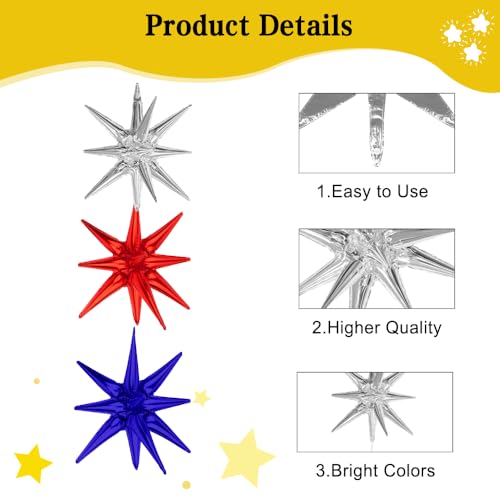 Image of Star Balloons, 22 Inch Blue Red and Silver Star Balloons 6PCS Explosion Foil Balloon Starburst Balloon for Birthday Party Wedding New Year 4th of July Independence Day USA Patriotic Party Decor