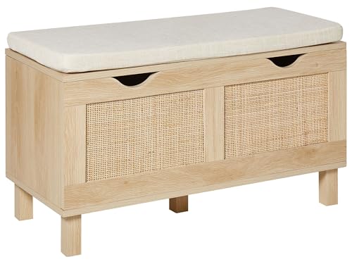 Beliani Banc de Rangement Boho en Bois d'Ingénierie Façades Tressées Bois Clair Washington