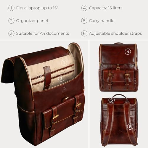 Image of Time Resistance Leather Backpack - Laptop Travel Bag Rucksack up to 15 inch - Bag for Men and Women (Brown)