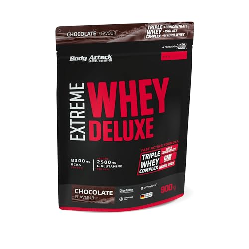 Body Attack Extreme Whey Deluxe - Chocolate, 900g - Made in Germany - Eiweißpulver mit Aminosäuren, Triple-Complex, CFM Whey Isolate, perfekt lösliches Protein-Pulver, fettarm, zuckerarm