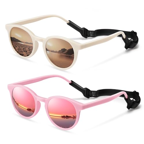 Cute Kids Polarized Sunglasses,Baby Sun Glasses with Strap for Toddler Girls Boys Flexible Round UV400 Protection