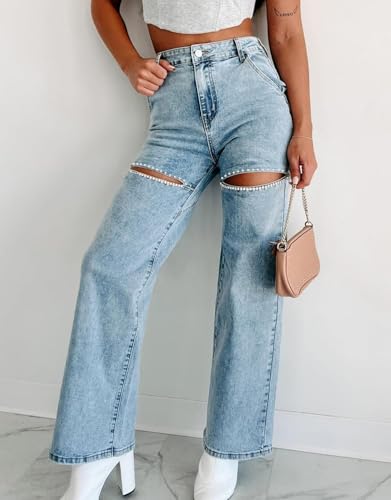 Women High Waist Denim Jeans Rhinestone Trim Bling Jeans Plus Size Denim Pants3