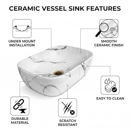 Image of Ceramic Tabletop Wash Basin - Glossy Rectangular Countertop Vessel Sink with Marble Finish for Bathroom & Vanity | Compact 18 x 13 x 5 Inch | Elegant Washbasin