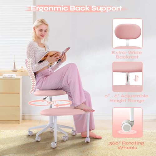 Image of Pinmoco Ergonomic Cross Legged Office Chair with Wheels, ADHD Chair for Adults, Meditation Chair, Yoga Office Chair, Comfortable Back Support, Height Adjustable,Small Spaces, PU Leather, Pink