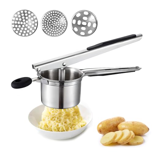 Golgner Potato Press Stainless Steel Spaghetti Ice Cream Press, Spaetzle Press with 3 Interchangeable Strainers, Potato Squeezer, Potato Press, Dishwasher Safe, for Mashed Potatoes, Fruit Juices,