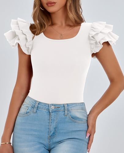 PRETTYGARDEN Women's Ruffle Short Sleeve Shirts 2025 Summer Casual Basic Tee Cute Fitted Crew Neck Fashion Tops Clothes3