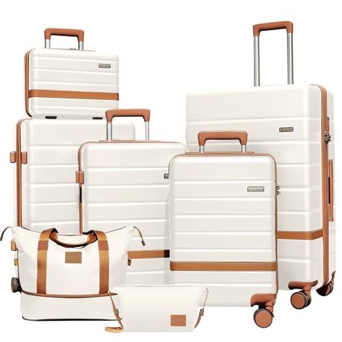 Image of 7 Piece Luggage Set for Family Travel, Lightweight Hardshell PC+ABS Suitcases set, Suitcase with 8 Smooth Spinner Wheels, TSA Lock, YKK Zippers(Beige)
