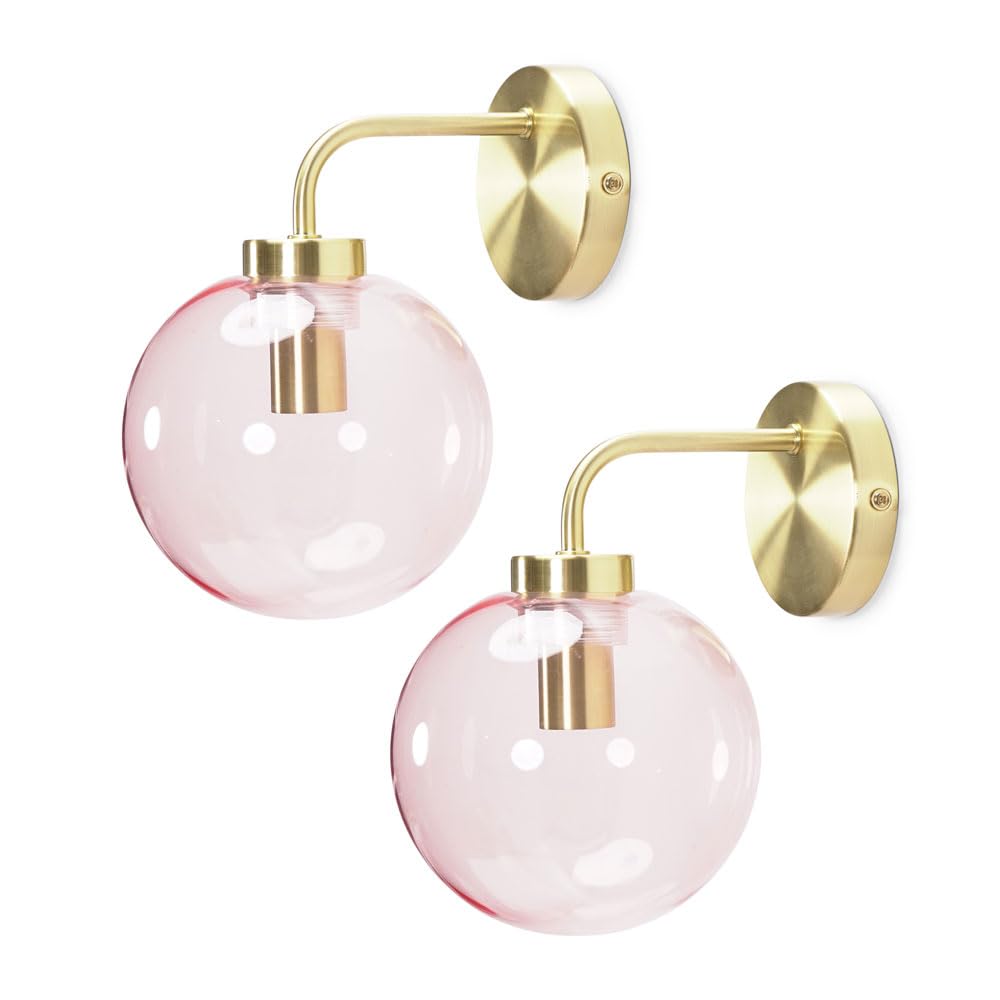 ValueLights | Brushed Gold Metal Stem Wall Light with Pink Tinted Glass Globe Shade | Wall Lamps & Sconces, Home Décor & Improvement Essential | Pair of 2 | Mains Wired