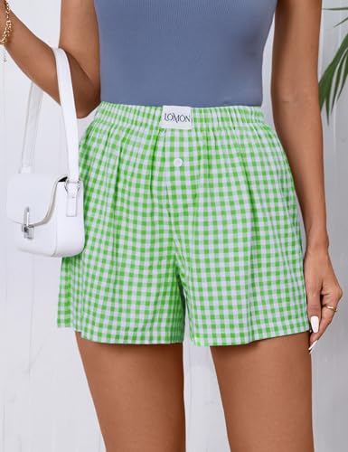 Image of LOMON Womens Boxer Shorts Casual Summer 2026 Pajama Lounge Sleep Pj Gingham Plaid Shorts Y2K Beach Bottoms