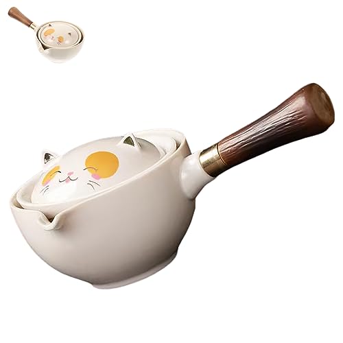 Magic Teapot Cat, Ceramic Portable Travel Tea Set with Wooden Handle, Cat Pattern Porcelain Teapot Heat Resistant Tea Ware for Loose Leaf (A pot)
