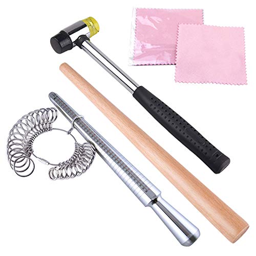 KUUQA Metal Ring Mandrel Ring Sizer, Ring Sizer Gauge Set, Rubber Hammer Mallet, Wood Ring Mandrel Adjuster Stick with 2 Piece Jewelry Polishing Cloths Jewelry Making Kit