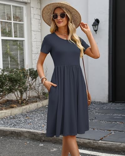 Image of COSSEN Women's 2026 Summer Midi Dress Crew Neck Short Sleeve Casual Tshirt Flowy Loose Sundress with Pockets