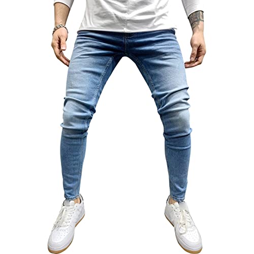 Men's Slim Fit Skinny Stretch Jeans Vintage Washed Straight Leg Denim Pants Classic Retro Pencil Jean Trousers (Light Blue,Small)