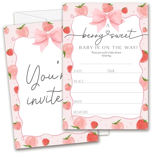HandEasy Berry Sweet Baby Shower Invitations for Girl, Strawberry Pink Bow 4x6-in Invites, 25 Invitation Cards with Envelopes for Baby Shower Decorations YQK04