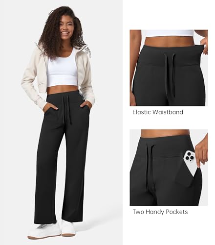 WILLIT Jogginghose Damen Fleece gefütterte Hose Winter Sporthose Warme Yogahose Thermohose Weites Bein Lounge Hose mit Taschen 31' Schwarz M