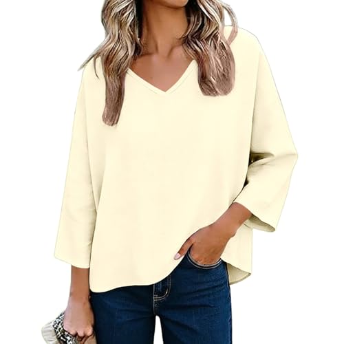 3/4 Sleeve Cotton Linen Tops V Neck Casual Blouses for Women Boho Fashion Basic Blouses Beach Vacation Outfits 2026 Yellow