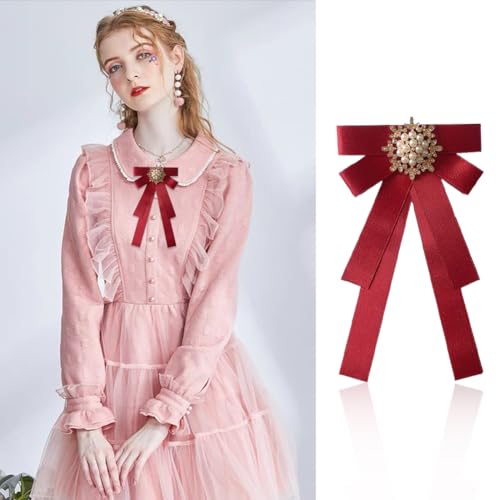 Image of Women Elegant Pearl Ribbon Bow tie Brooches Pin Jewelry Pre-Tied Collar Neck Tie Clip for Lady Girls Wedding Party