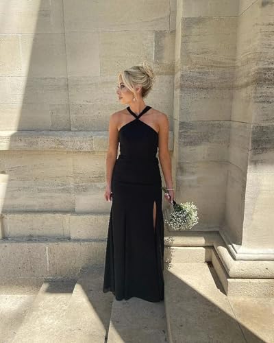 Zepumen Halter Bridesmaid Dresses for Women 2025 Chiffon Long Formal Party Dress with Slit2