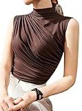Avanova Women Mock Turtleneck Shirt Sleeveless Blouses Fitted Ruched Tank Top Brown Medium