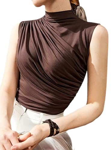 Avanova Women Fitted Sleeveless Ruched Tank Top Shirt Mock Turtleneck Blouses