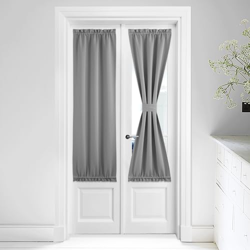 NICETOWN French Door Curtain - Silver Grey Blackout Drape Energy Saving Thermal Insulated Drapery/Front Door Panel Including Adjustable Tie Back, 25 by 64 inch, 1 Panel