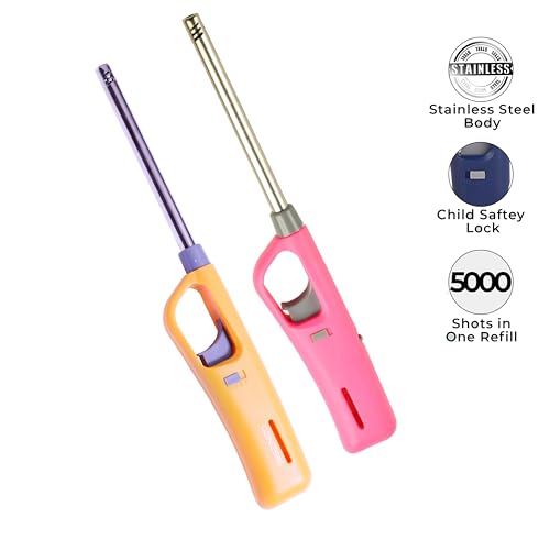 Image of Genesis Refillable Windproof Gas Flame Lighter for Kitchen, Stove, BBQ, Candles, Camping, Indoor & Outdoor (Yellow, Pink) (Pack of 2)