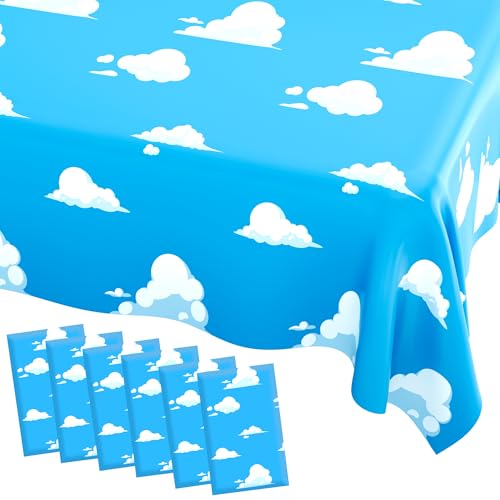 Image of 6 PCS Blue Sky and White Clouds Party Tablecloth, Cartoon Story Tablecloth, Disposable Plastic Rectangle Cartoon Table Cover for Boys Girls Baby Shower Picnic Birthday Party Decorations, 54x108 Inch