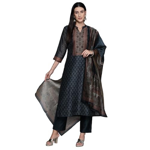 Image of Varanga Women Printed Straight Kurta Set with Dupatta | Chanderi | Round Neck | 3 /4 Sleeve | Calf Length |Casual & Effortlessly Chic Wear